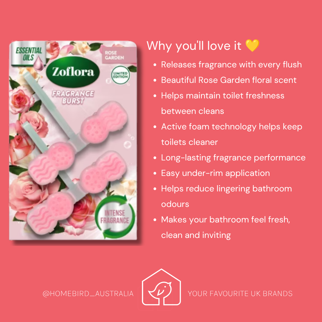 Zoflora Fragrance Burst toilet paper freshener package shown on a coral pink promotional graphic with product benefits listed in white text.