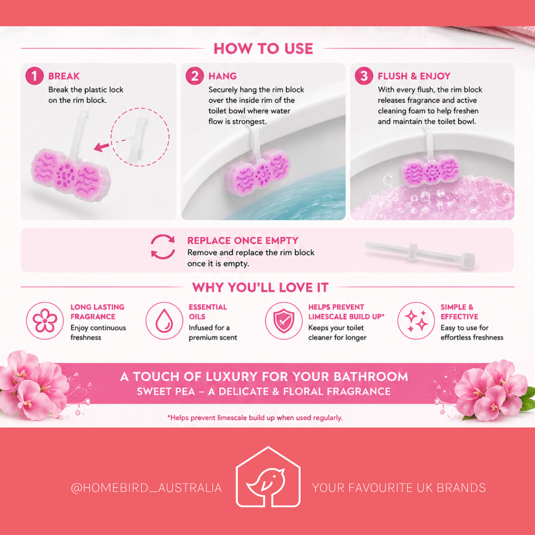 Instructions on how to use a toilet rim block with pink flowers and text on a pink background.