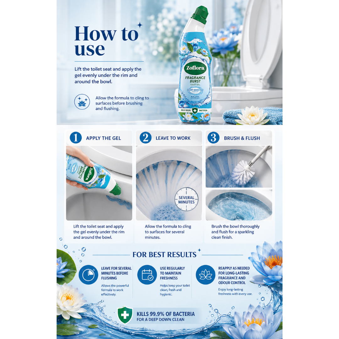 Zoflora Toilet Gel - Blue Lotus and Water Lily - 750ml How to use