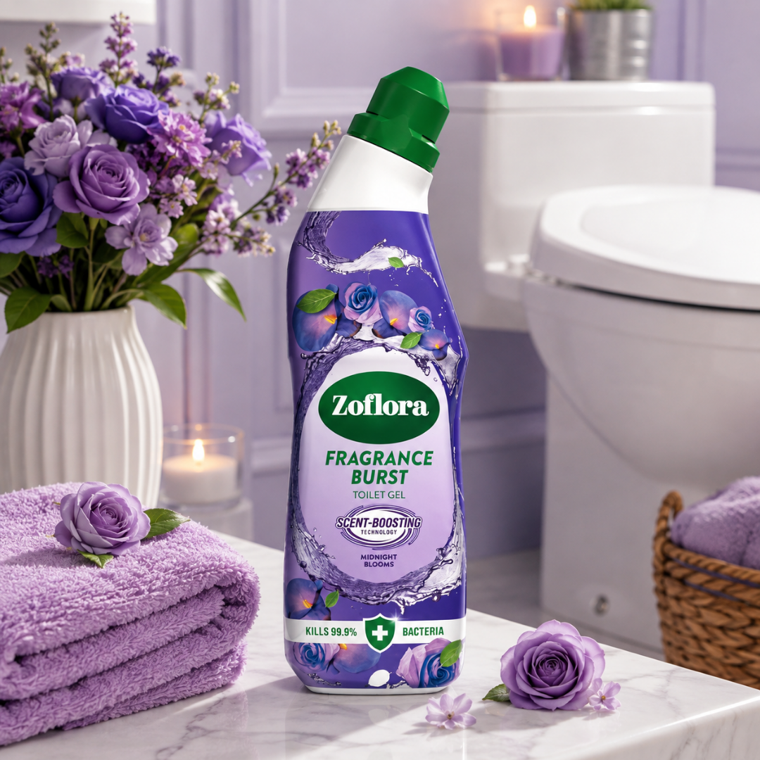 Zoflora Fragrance Burst Toilet Cleaner bottle in a purple grape scent, styled on a marble bathroom counter with a purple towel, flowers, and a toilet in the background.