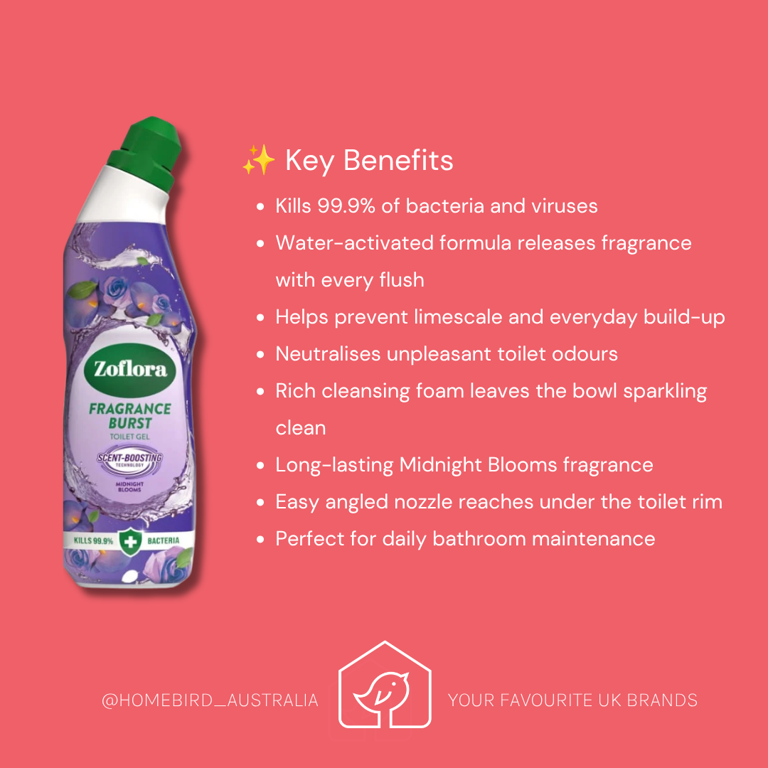 Zoflora Fragrance Burst toilet cleaner bottle on a coral pink background with text listing key benefits such as killing bacteria and viruses and neutralising unpleasant toilet odours.