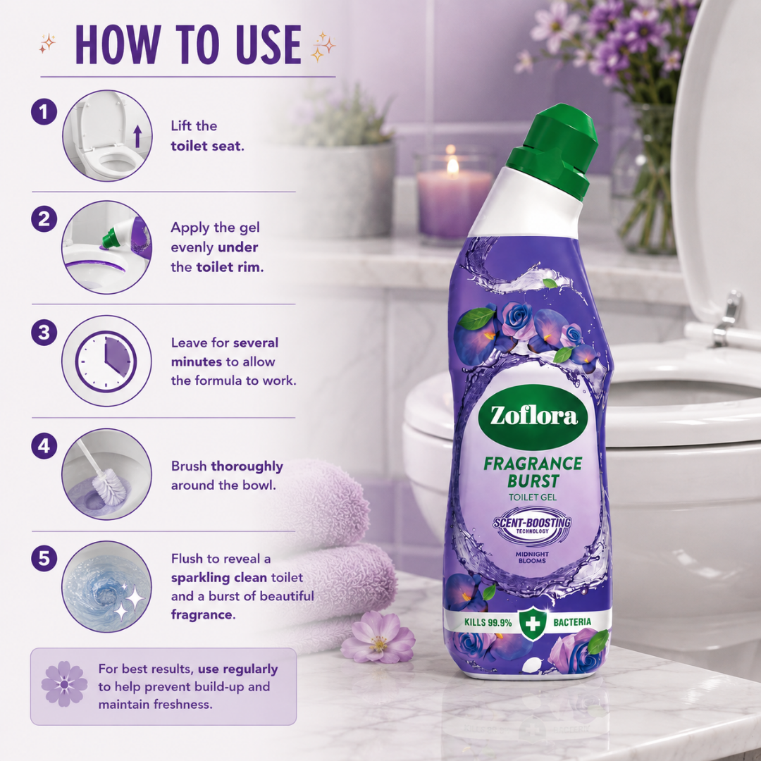 Zoflora Fragrance Burst Toilet Gel bottle shown on a bathroom counter beside a toilet, with a step-by-step 'How to Use' guide along the left side. The bottle is purple with a green cap and floral graphics.