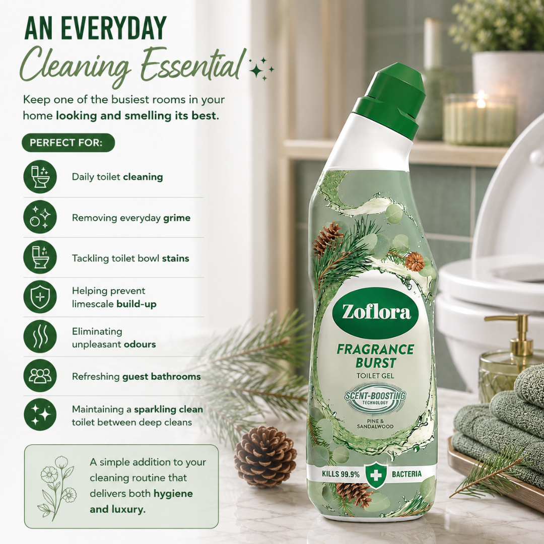 Zoflora Fragrance Burst Toilett Gel bottle on a bathroom counter next to a toilet, with promotional text on the left detailing its cleaning benefits.