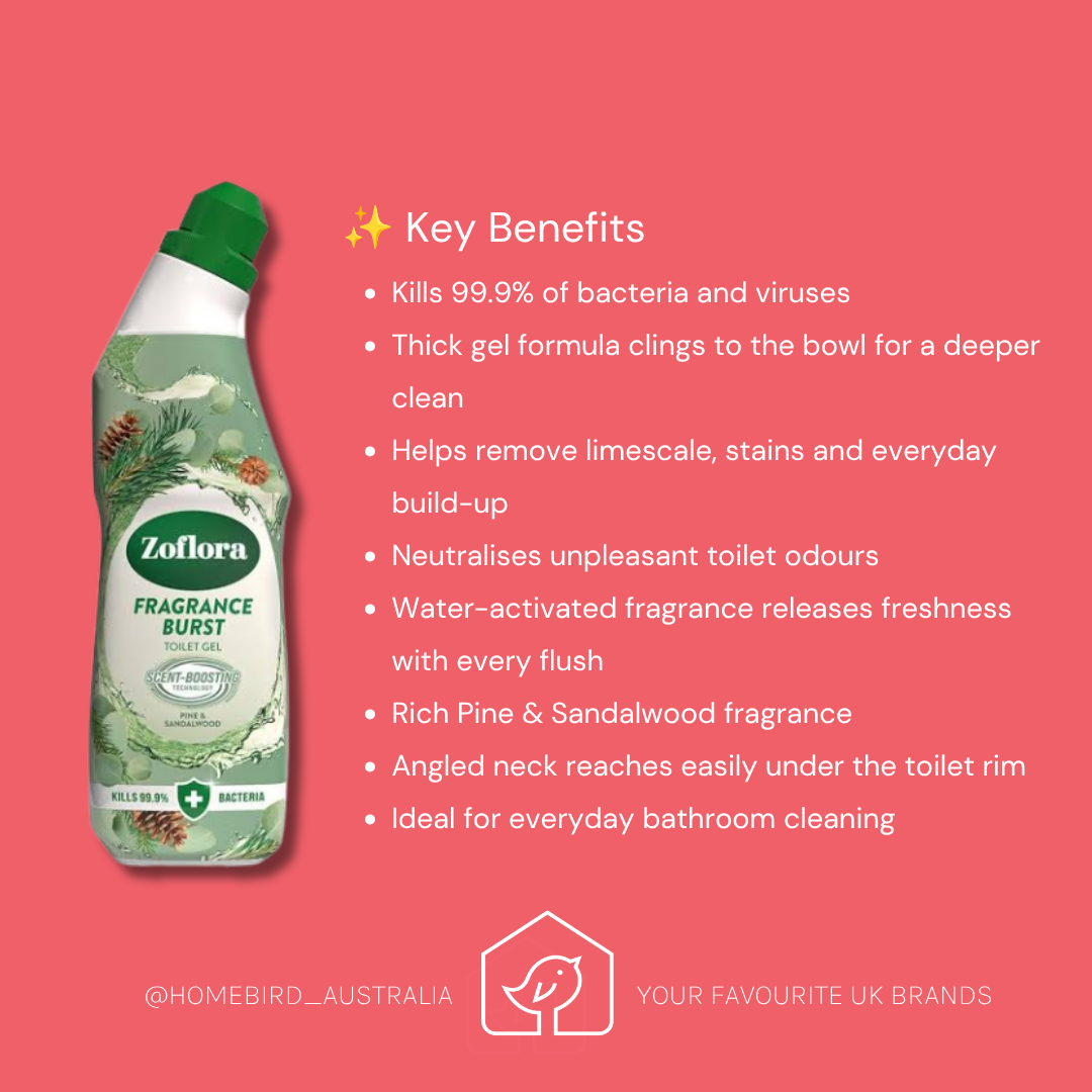 Zoflora Fragrance Burst toilet cleaner bottle shown on a pink background with text listing key benefits such as killing bacteria and viruses, removing limescale and stains, and providing a fresh pine and sandalwood fragrance.