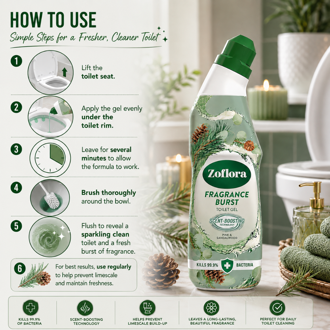 Zoflora Fragrance Burst Toilet Gel bottle shown on a promotional infographic with step-by-step usage instructions, candles, pinecones, and bathroom props in a softly lit setting.